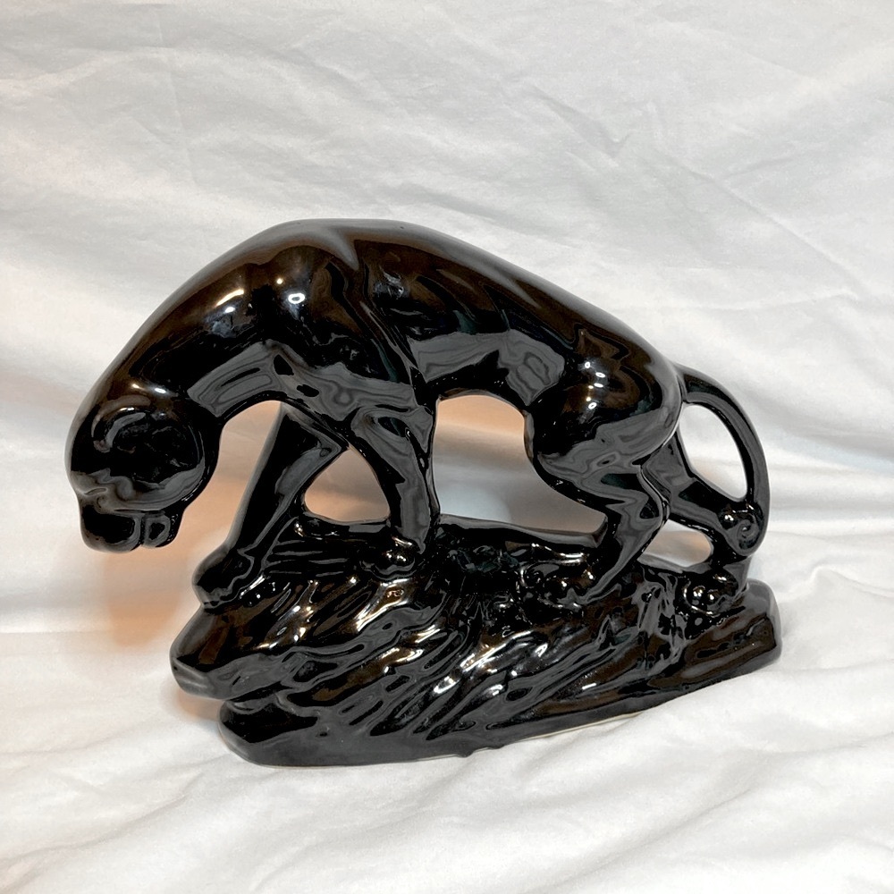 Vtg MCM Mid Century Modern Ceramic Black Panther Cat Sculpture | 10” H x 14” W